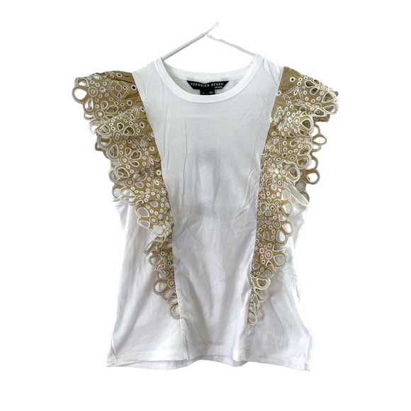 Veronica Beard Jadi Eyelet Ruffle Tee White & Light Khaki, Size S - Picture 5 of 11